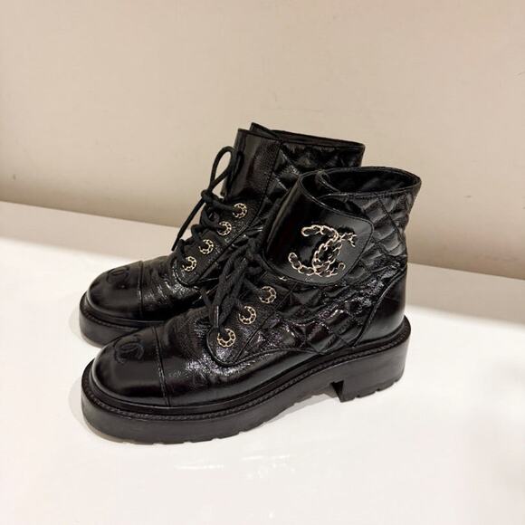 CHANEL Shiny Calfskin Quilted Lace Up Combat Boots with Metal Logo Black EU 37 - Picture 3 of 9